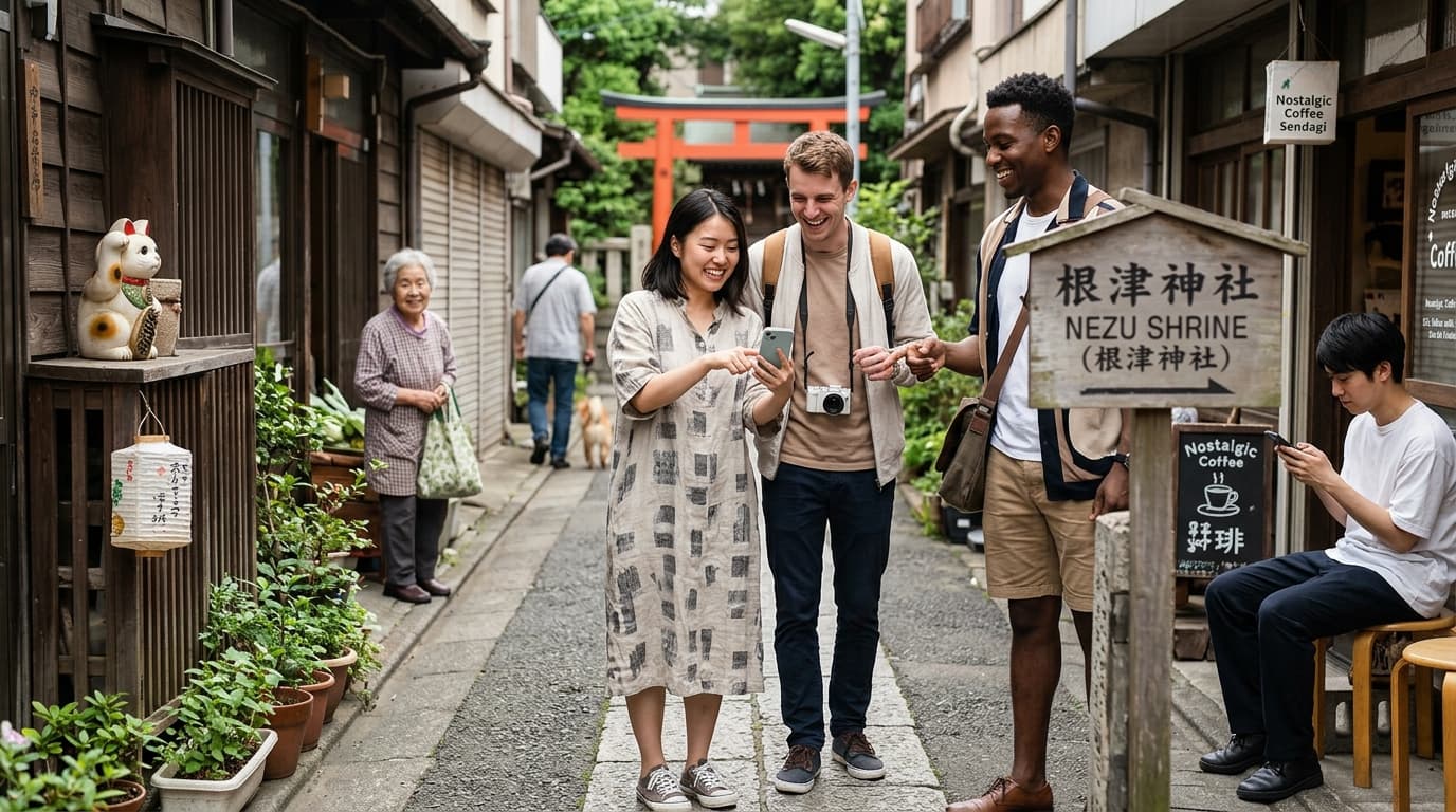 Travelers using a smartphone to navigate a traditional Japanese neighborhood street, guided by local community knowledge